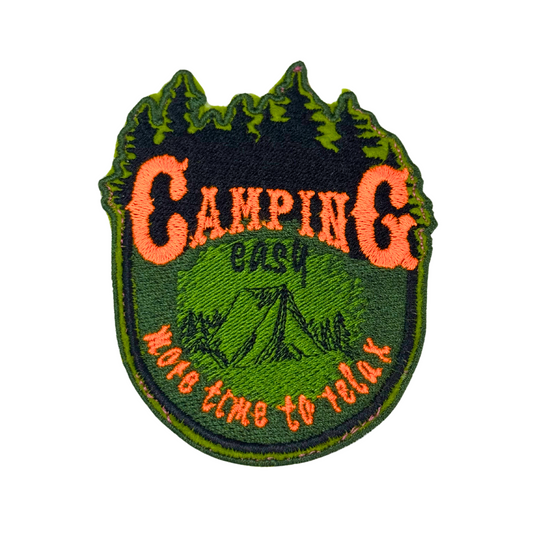 “embroidered camping iron-on patch with trees and tent design”
