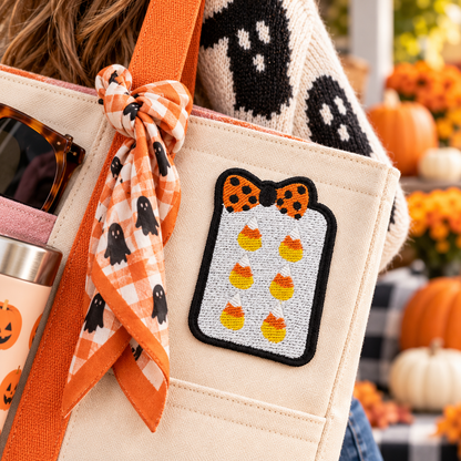 Candy corn mahjong tile embroidered patch on cream tote carried in autumn