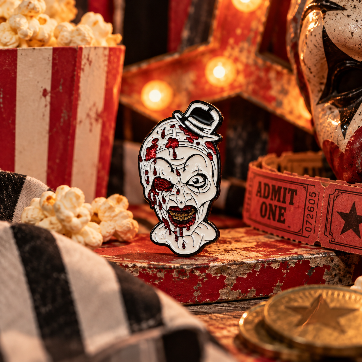 Enamel pin product photo in a vintage carnival setting