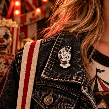 Enamel pin worn on a black denim jacket in a vintage carnival setting