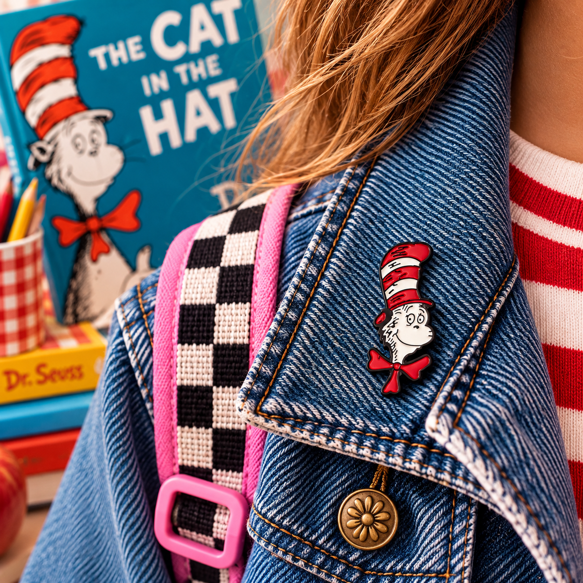Cat in the Hat enamel pin lifestyle image