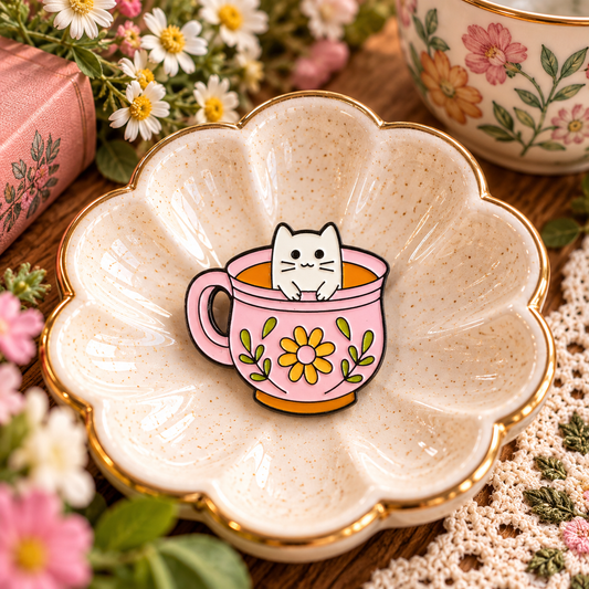 Cat in a teacup enamel pin styled cottagecore hero image