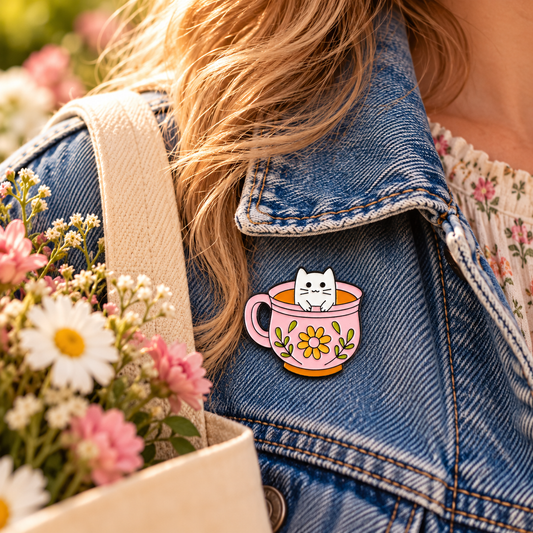 Cat in a teacup enamel pin worn on denim jacket lifestyle image