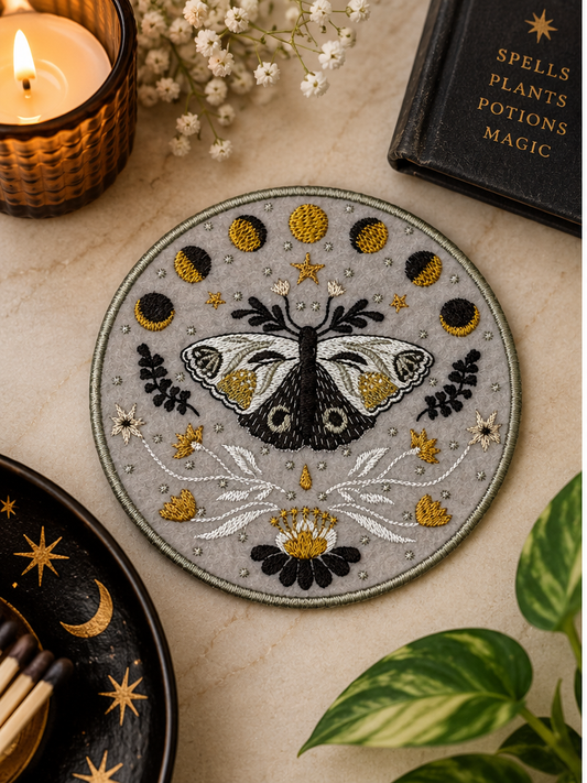 Celestial Moth Moon Phase embroidered iron-on patch styled with witchy botanical accents