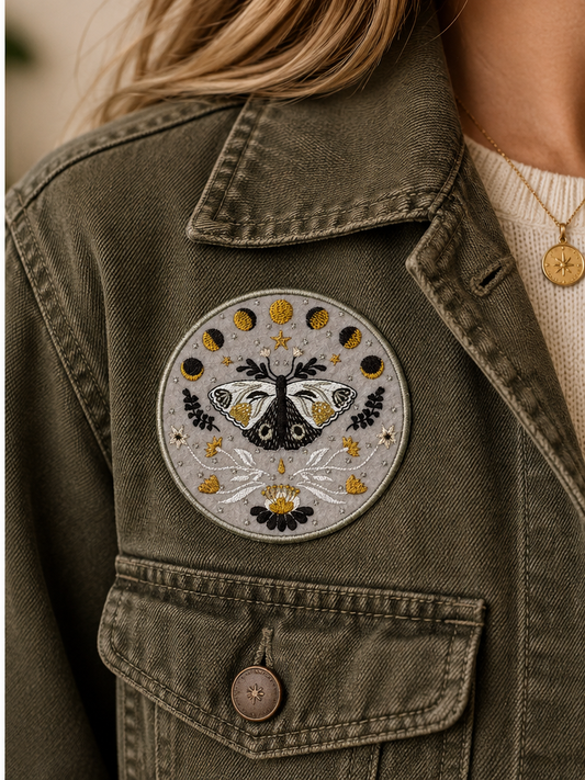 Celestial Moth Moon Phase embroidered patch worn on an olive canvas jacket