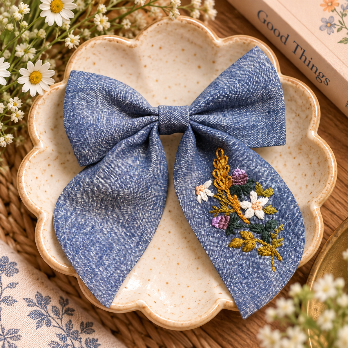 Hand-embroidered chambray linen bow clip with floral stitching