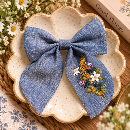 Hand-embroidered chambray linen bow clip with floral stitching