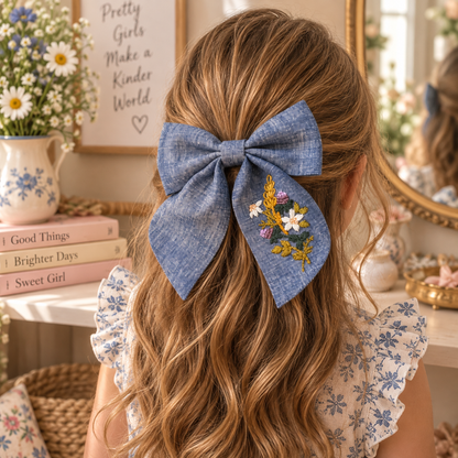 Hand-embroidered chambray linen bow clip worn in girl's hair