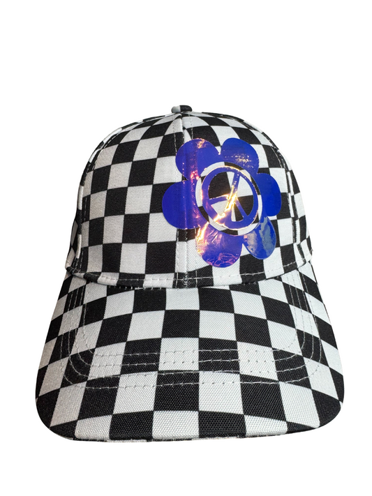 Checkerboard Peace Flower Hat – Black & White Checkered Cap with Holographic Design