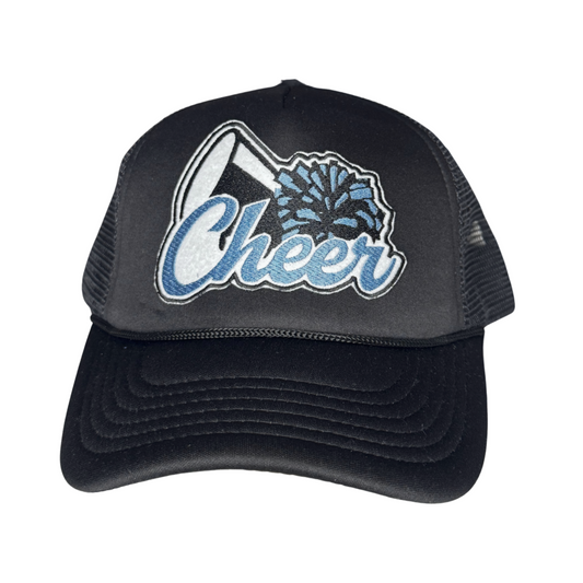 Black trucker cap with 'Cheer' and pom-pom design on a white background