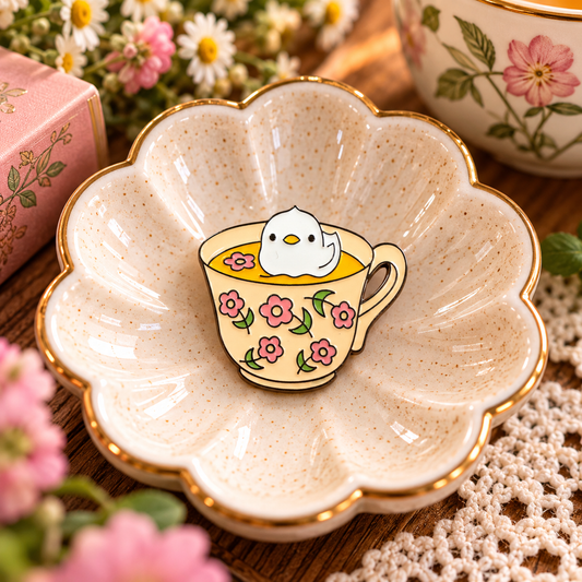 Chick in a teacup enamel pin styled cottagecore hero image