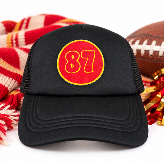 Black Kansas City 87 trucker hat with red and gold embroidered patch