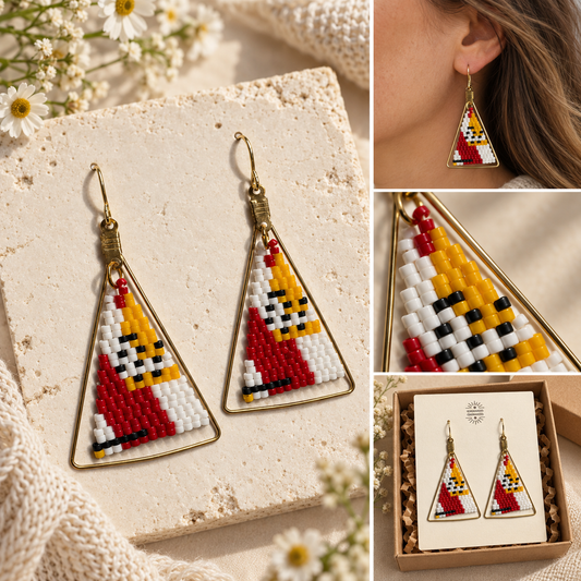 Hand-beaded triangle earrings in red, gold, white and black shown flat, worn, close up and packaged