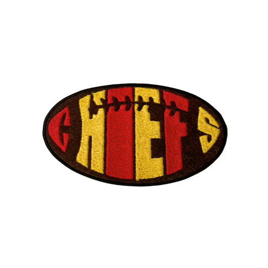 Embroidered red yellow brown Chiefs football patch on white background
