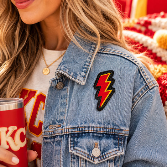 Kansas City lightning bolt patch styled on a denim jacket
