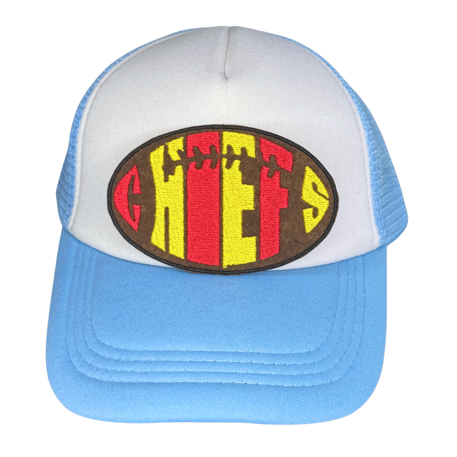 Iron-on Chiefs patch on light blue and white foam trucker hat

