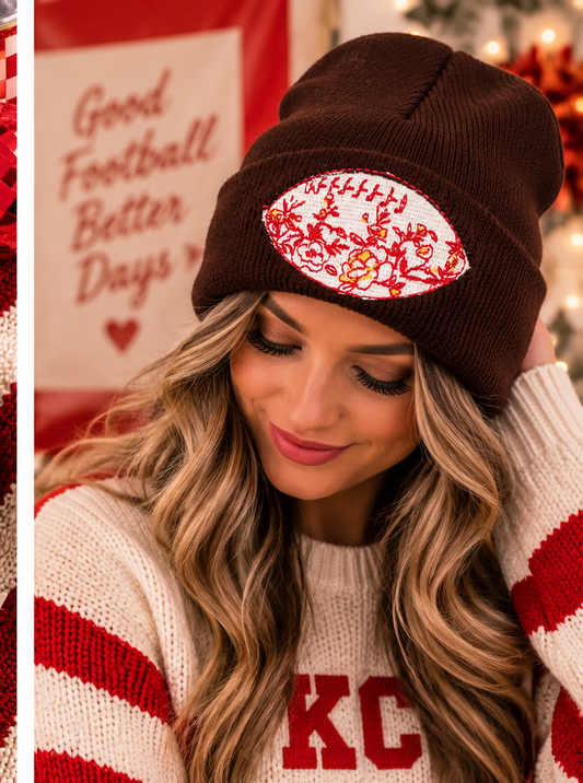 Lifestyle photo of brown floral football embroidered beanie in Kansas City colors