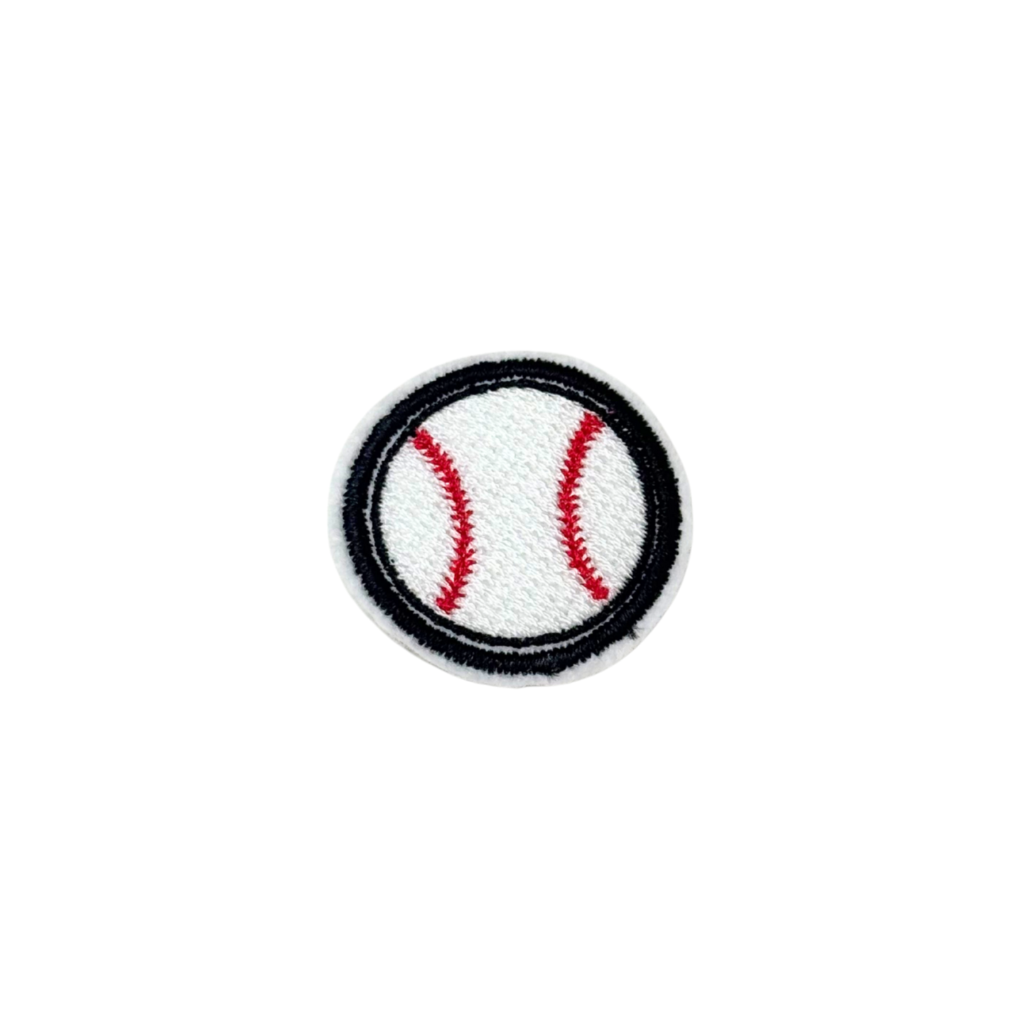 Embroidered white baseball patch with red stitching and a bold black border, circular design

