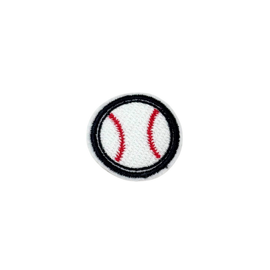 Embroidered white baseball patch with red stitching and a bold black border, circular design

