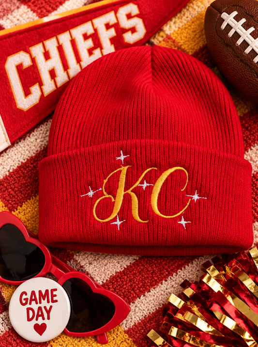 Classic red KC sparkle embroidered beanie styled game-day product photo