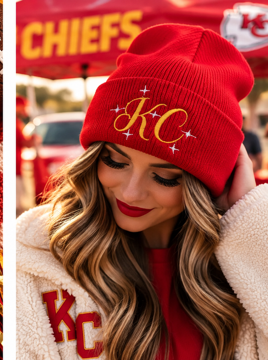 Classic red and gold KC sparkle embroidered beanie lifestyle game-day photo