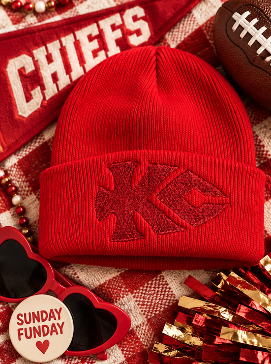 Classic red KC arrowhead embroidered beanie styled for Kansas City game day