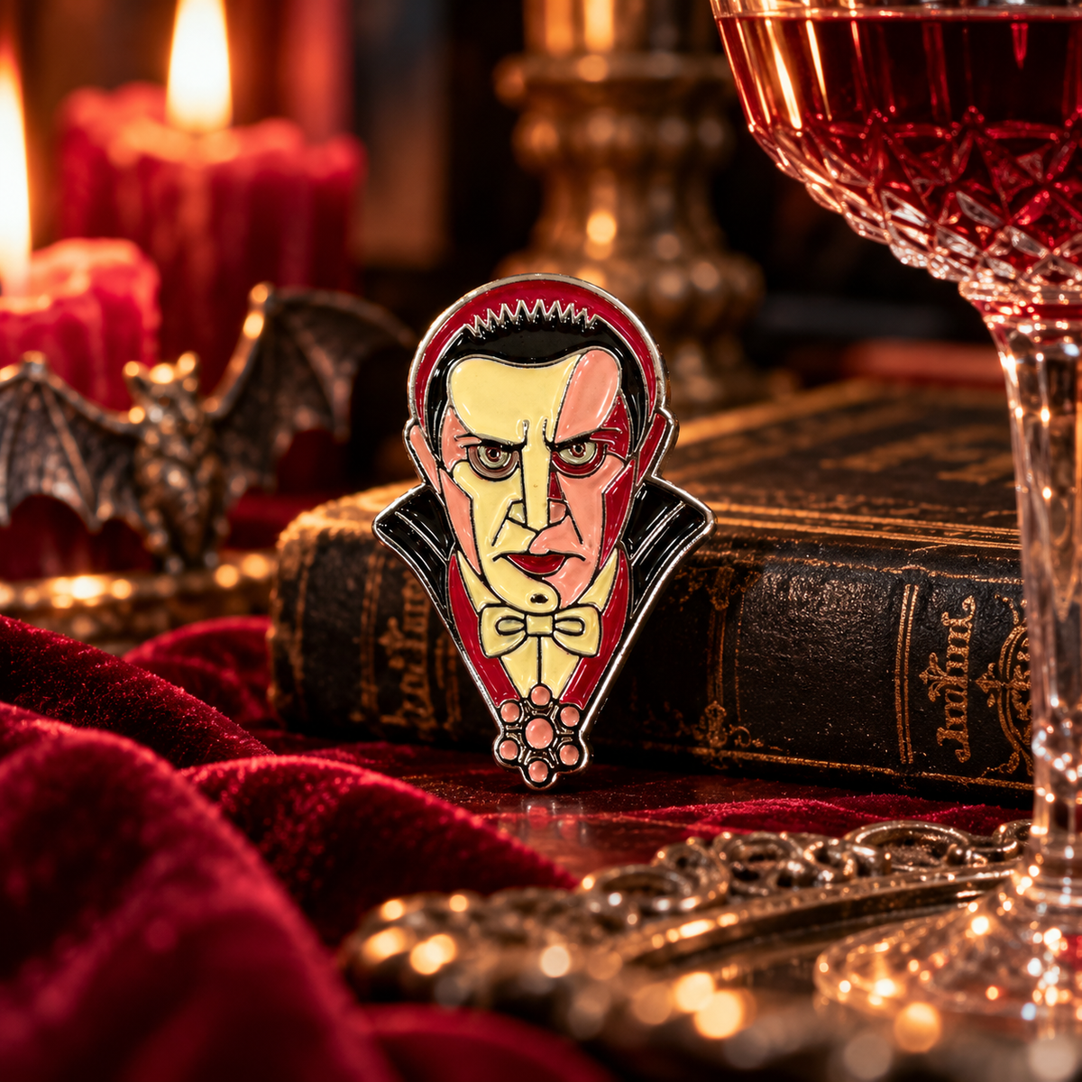 Classic vampire enamel pin styled in a gothic scene