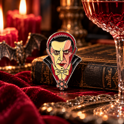 Classic vampire enamel pin styled in a gothic scene