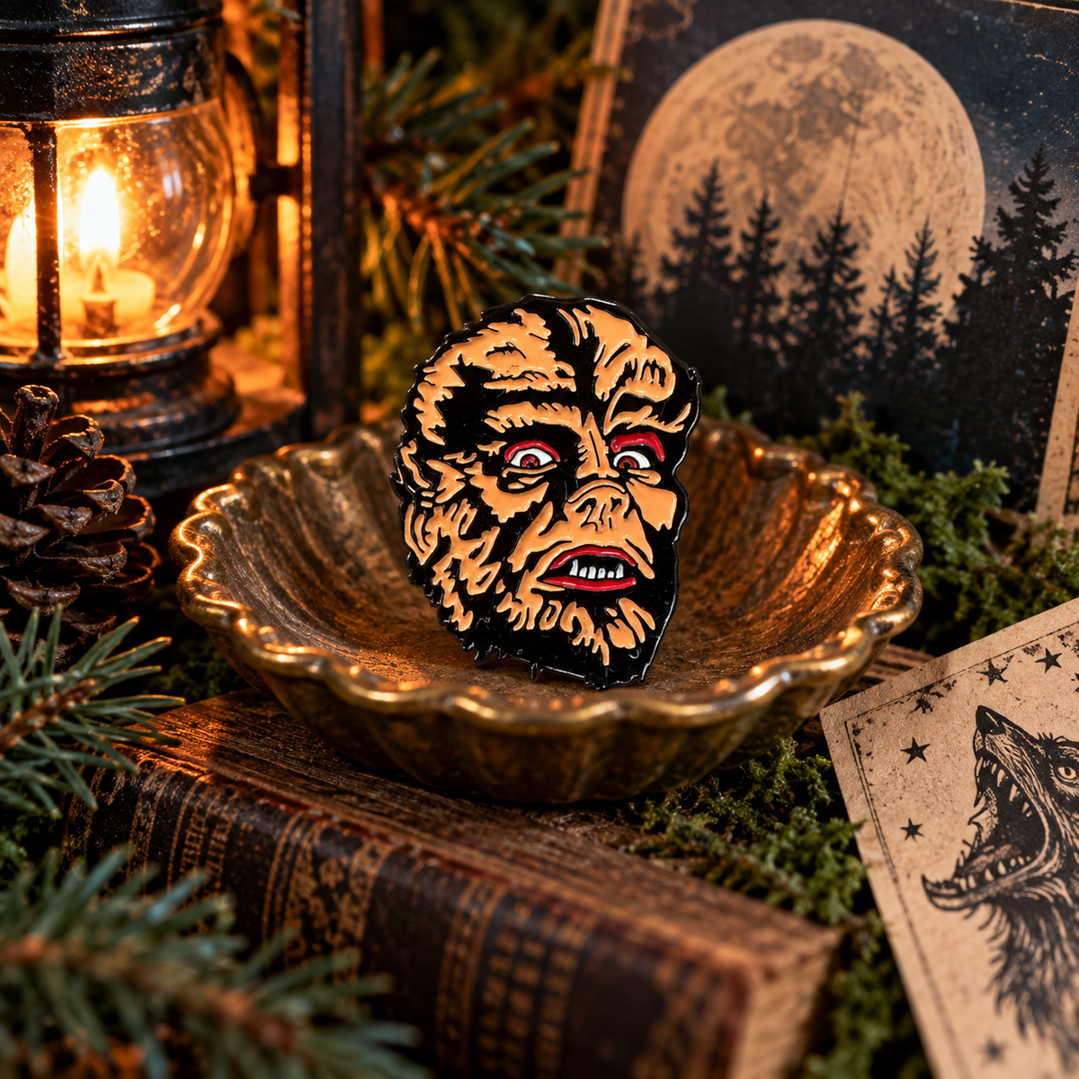 Classic Wolf Man inspired enamel pin in a moody full moon forest scene