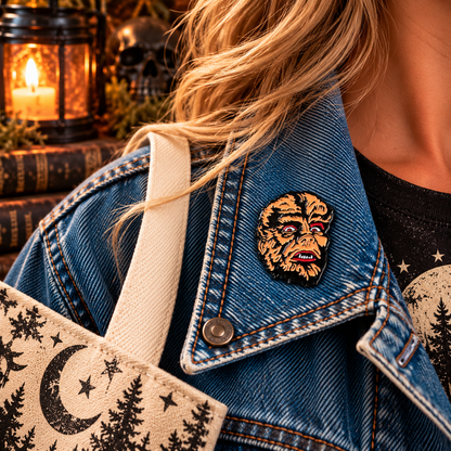 Classic Wolf Man inspired enamel pin worn on a denim jacket
