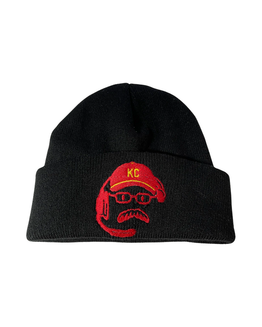 black knit beanie with an embroidered sketch likeness to Coach Reid of The Kansas City Chiefs