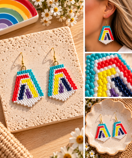 Colorful turquoise, red, yellow, navy, purple and white hand-beaded statement earrings shown styled, worn and in close detail