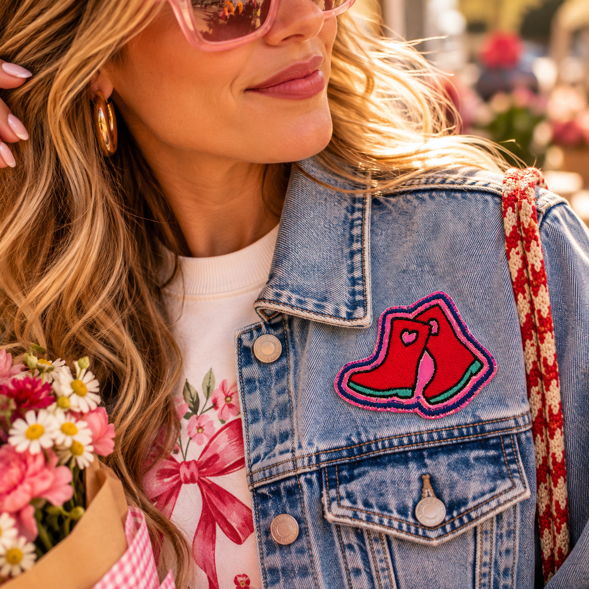 Colorful Galoshes iron-on patch on denim jacket lifestyle image