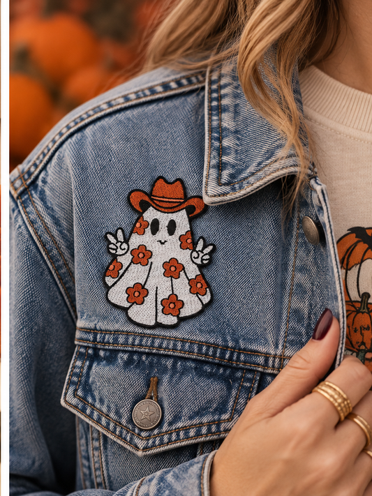 Cowboy Ghost embroidered patch worn on a denim jacket