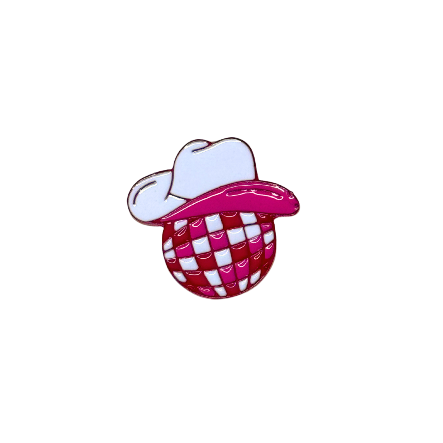 Pink cowgirl disco ball enamel pin on white background
