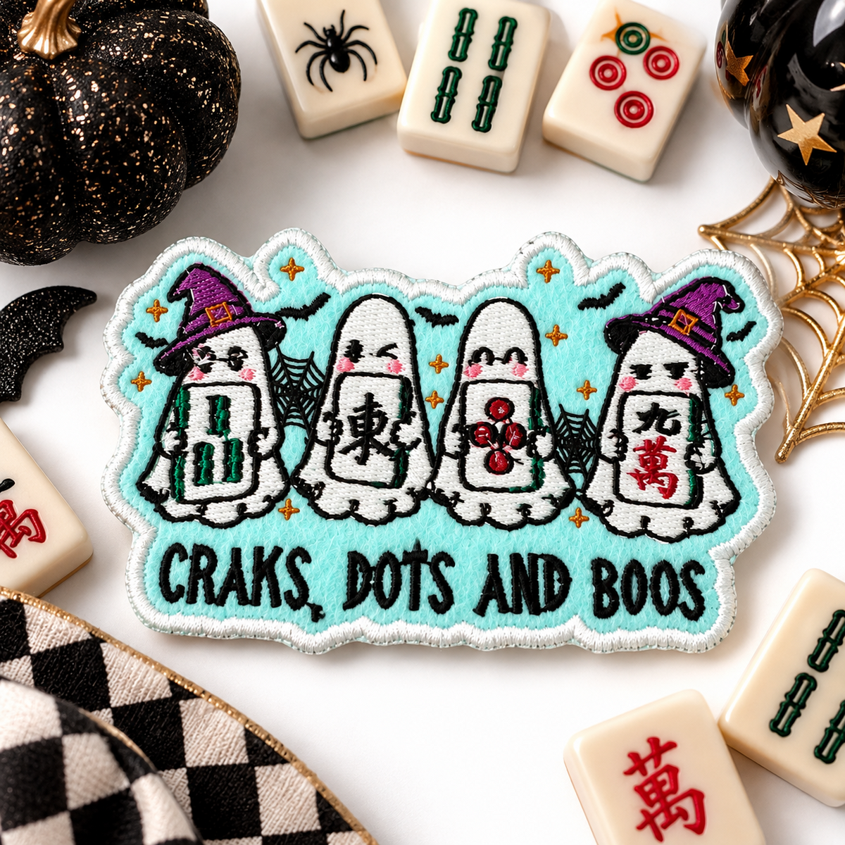 Craks Dots and Boos embroidered mahjong ghosts patch with Halloween and mahjong props