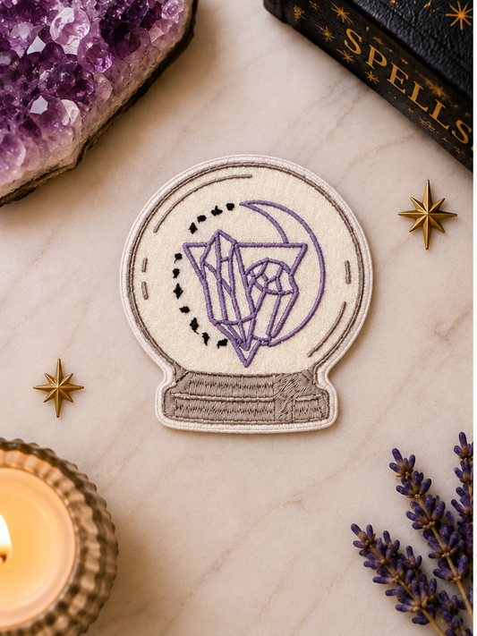 Crystal Ball embroidered iron-on patch styled with amethyst and celestial accents