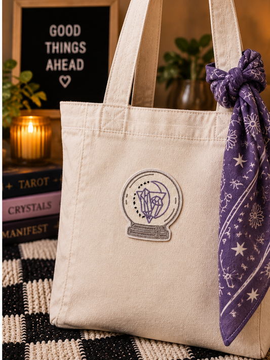 Crystal Ball embroidered patch styled on a cream canvas tote