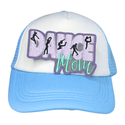 Dance Mom patch ironed onto blue and white trucker hat

