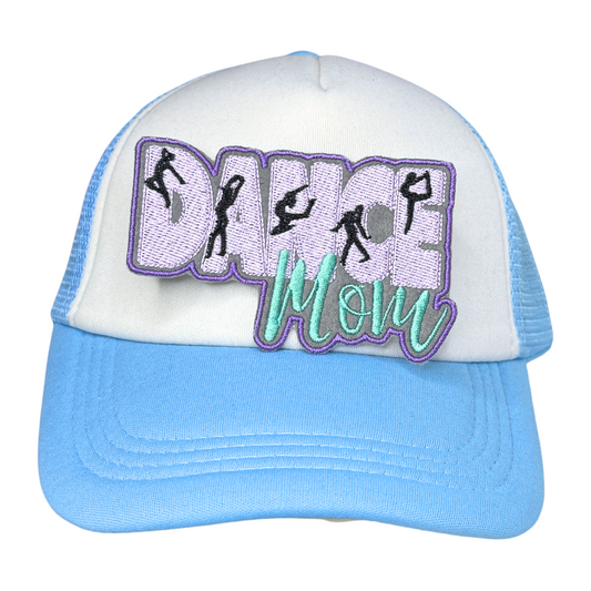 Dance Mom patch ironed onto blue and white trucker hat

