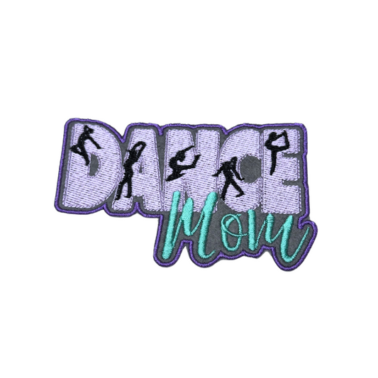 Lavender and teal embroidered patch that reads “Dance Mom” with dancer silhouettes
