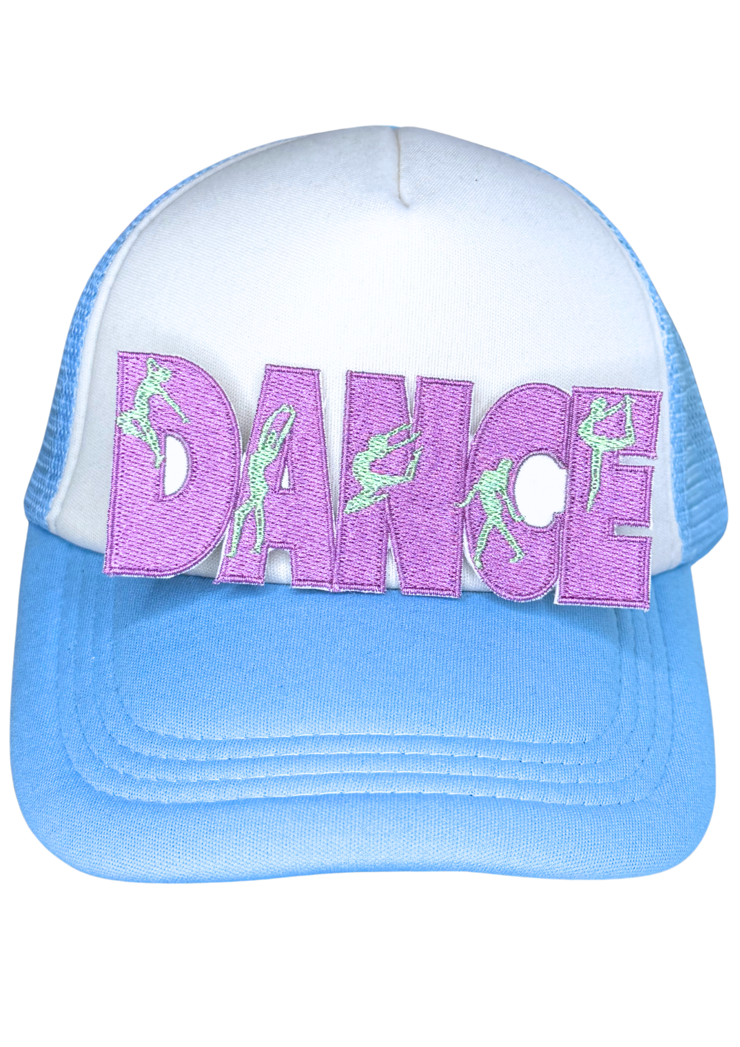 Dance-themed embroidered patch on white and blue trucker hat

