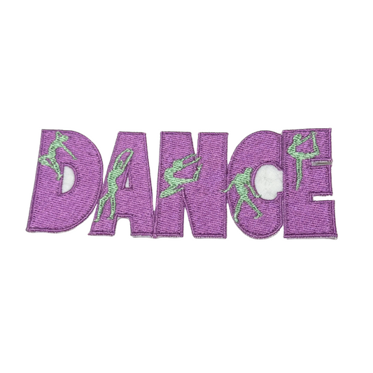 Purple embroidered patch spelling “DANCE” with green dancer silhouettes
