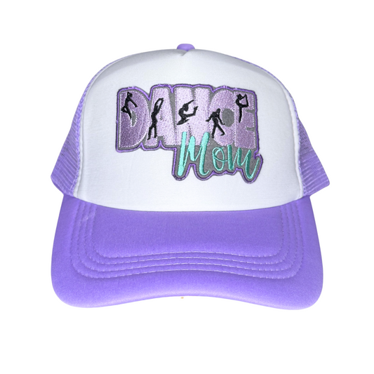 Trucker hat with 'Dance Mom' text and dancer graphics on a white background