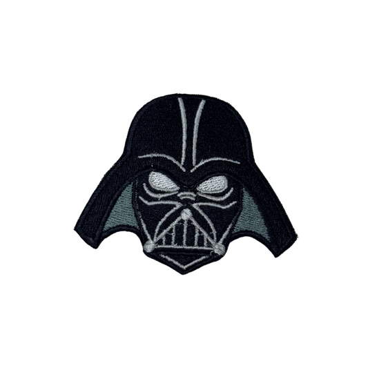 Front view of Darth Vader inspired embroidered patch on white background

