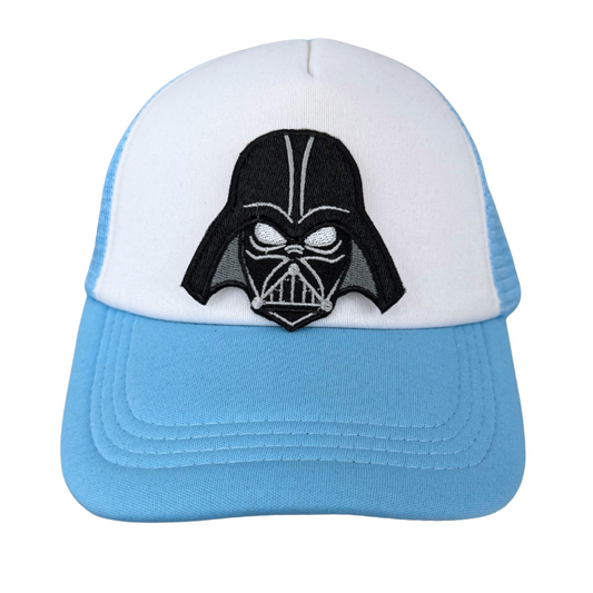 Darth Vader inspired embroidered patch attached to blue and white trucker hat
