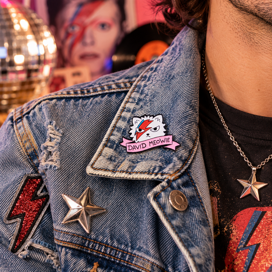 David Meowie cat enamel pin on denim jacket glam rock lifestyle image