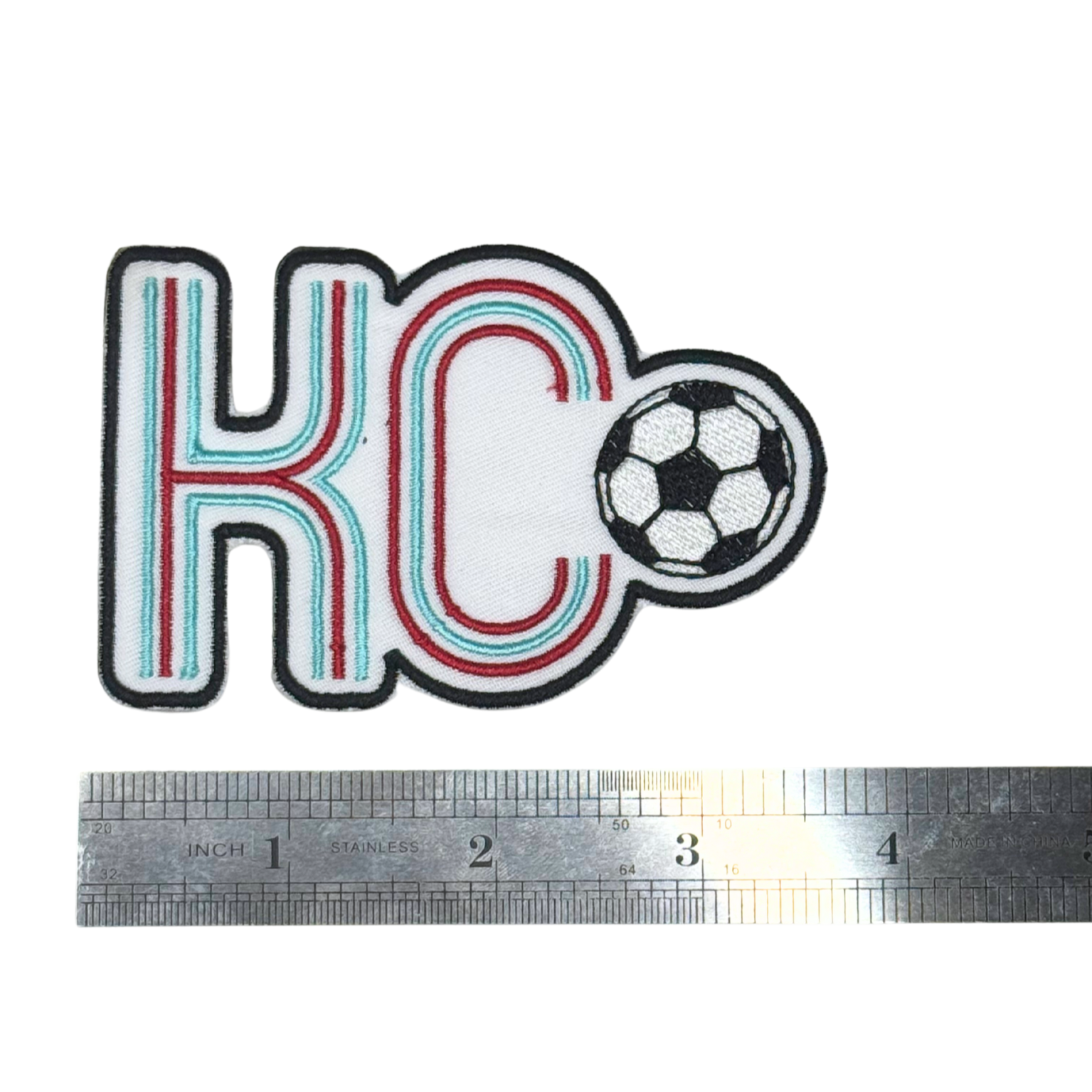 KC soccerball embroidered patch with ruler for size reference
