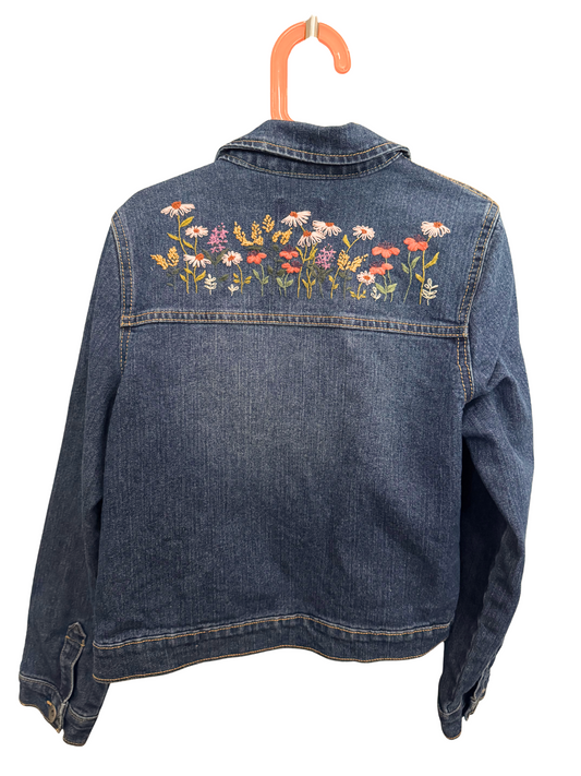 Hand Embroidered Girls Denim Jacket – Size 10 – One of a Kind Floral Jean Jacket – Unique Kids Clothing – In Stock & Ready to Ship – Made in Kansas City