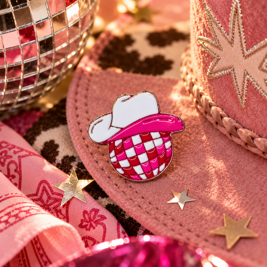 Disco Cowgirl enamel pin pink western disco hero image